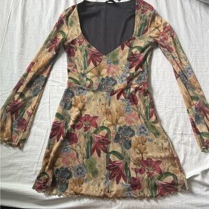 PrettyLittleThing Tan with red/blue flowers and Flare Bell Sleeve Dress